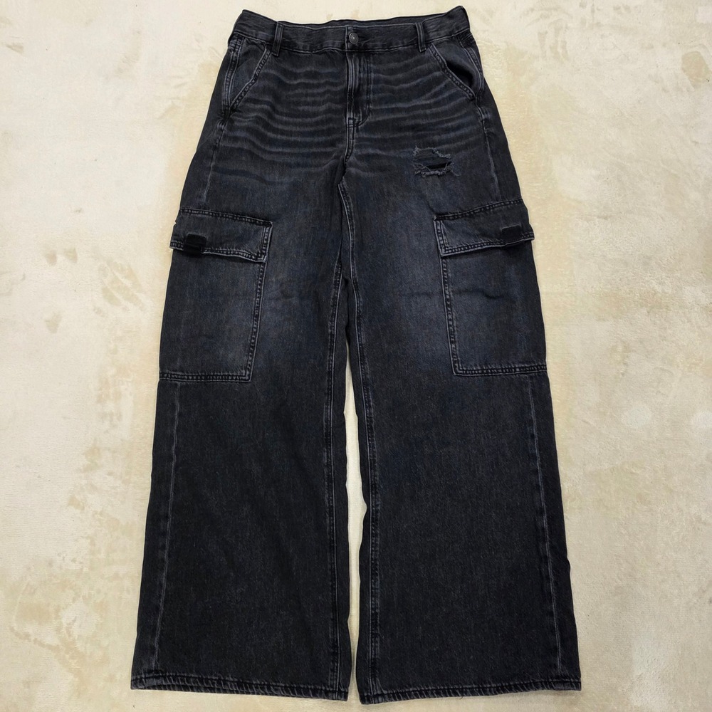 American Eagle Super High Rise Baggy Wide Leg Cargo Jeans Black Womens Size 10R